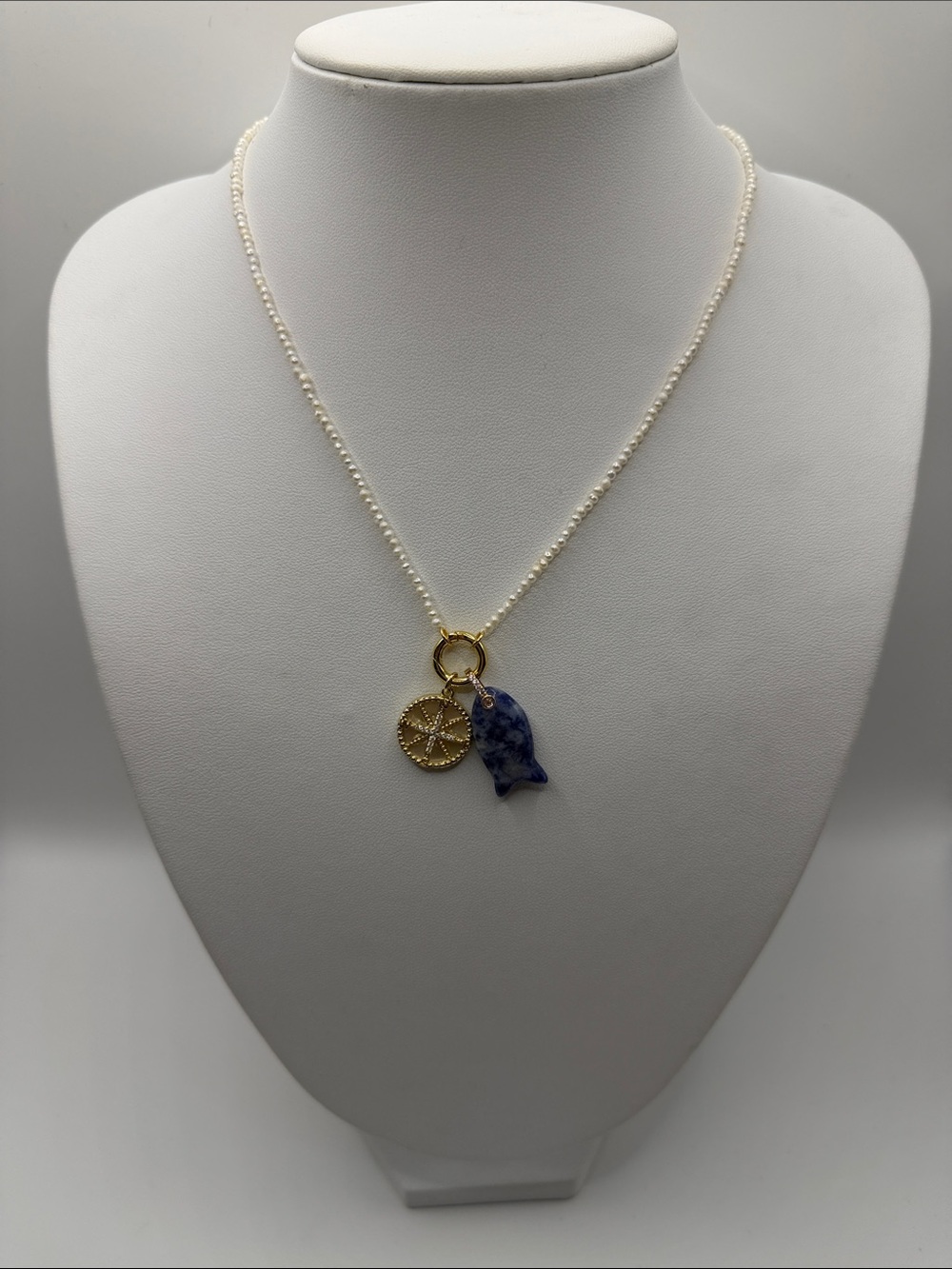 056. 18k Gold Plated Charm & Blue Lapis Fish Pendant Pearl Chain Necklace 16”